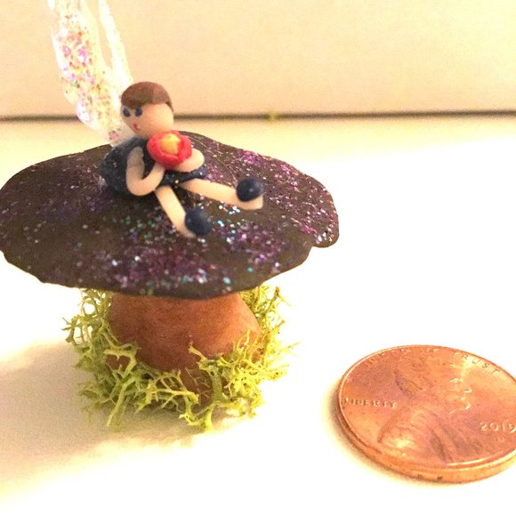 Mini Fairy Shroomie Magical Mushroom and Tiny Fairy Holding Flowers with Moss - Picture 2 of 7